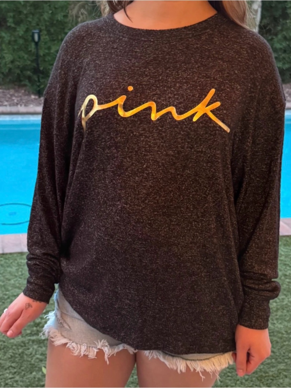 PINK Victoria's Secret Black Heather Pullover with Gold Script Logo